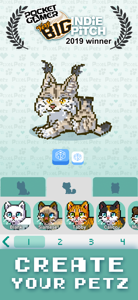 Una pantalla de la aplicación Pixel Petz donde un usuario puede crear su propia mascota de pixel art con opciones para diferentes razas de gatos como Atigrado y Siamés.