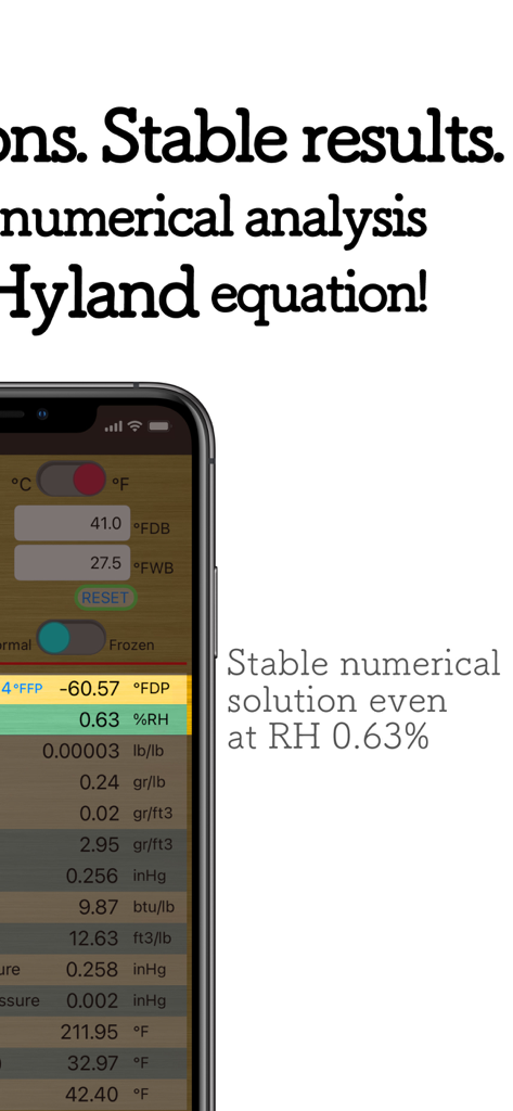 HumidCalc app interface displaying advanced humidity metrics and scientific calculations