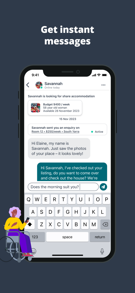 Flatmates - In-app chat screen on Flatmates showing a conversation about a room for rent.