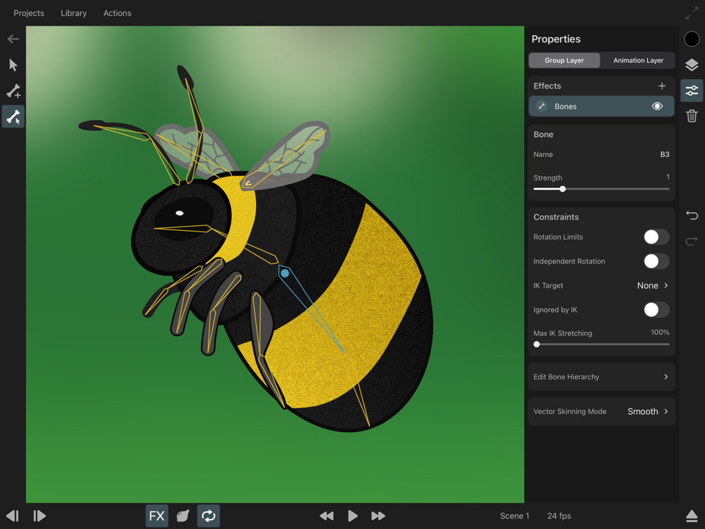 ToonSquid - A bumblebee character being rigged with skeletal bones and inverse kinematics constraints in the ToonSquid animation app