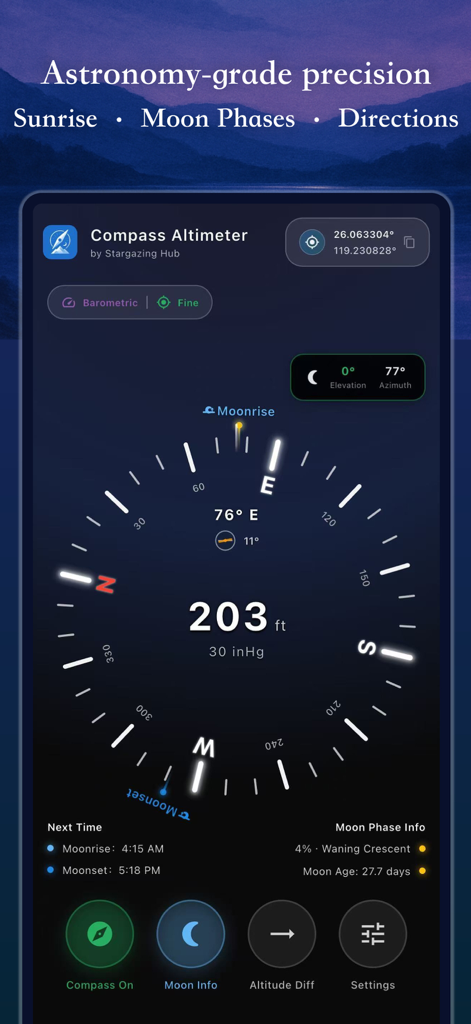 Compass Altimeter: Sun & Moon - Compass Altimeter app displaying altitude and moon phase details