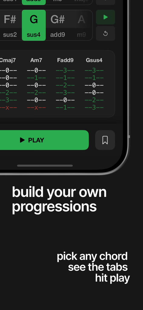 RiffKit Guitar Chord Generator - Interface do aplicativo RiffKit mostrando o construtor de progressão de acordes personalizados com tablaturas de guitarra e um botão de reprodução