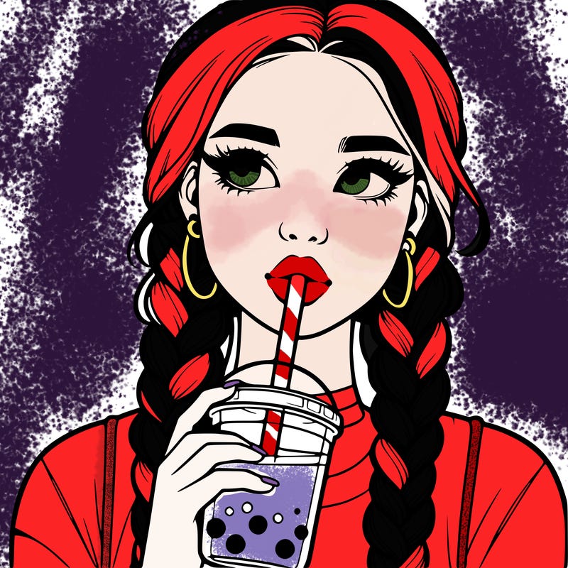 realistic girl with braided hair drinking boba