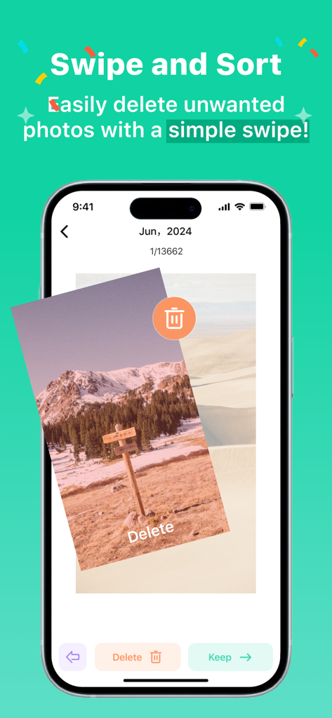 Pantalla de iPhone que muestra la interfaz de la aplicación AI Cleaner donde un usuario está deslizando una foto para eliminarla usando un simple gesto de deslizamiento