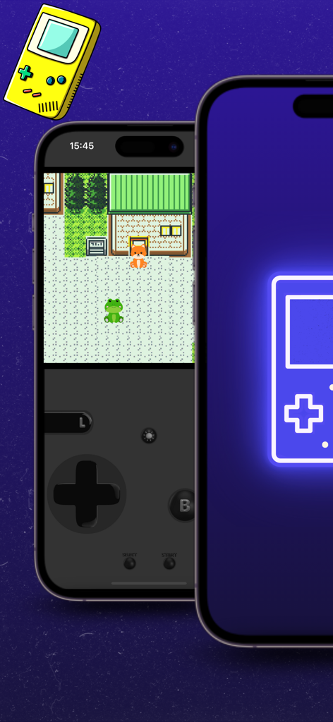 Interface do emulador iGBA mostrando um jogo retrô no iPhone com uma skin personalizada
