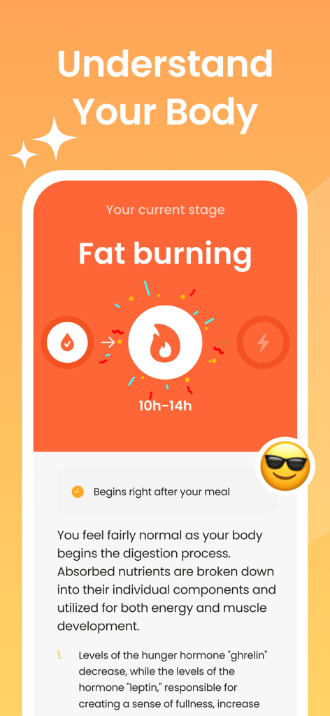 A mobile app screen displaying the fat burning stage of intermittent fasting with biological explanations and a timer.