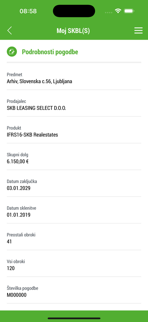 Moj SKBL(S) - Moj SKBL app screen displaying detailed leasing contract information and payment status