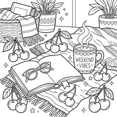 Unwind with our charming Cherries and Weekend Vibes coloring page, capturing the essence of a perfect relaxing day. This delightful illustration invites you to add your personal touch to a cozy scene filled with sweet fruit and comfort.