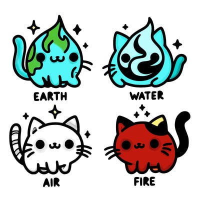 4 cats that represent the different elements, earth, water, air, and fire