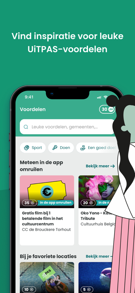 A mobile screen from the UiTPAS app displaying a variety of leisure rewards including free movie tickets and local community activity discounts.