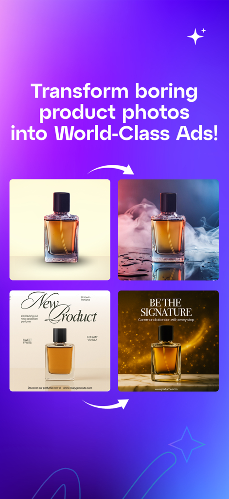 Wizad: AI Posters and Videos - Herramienta de IA que transforma una simple foto de una botella de perfume en pósters de marketing profesionales.