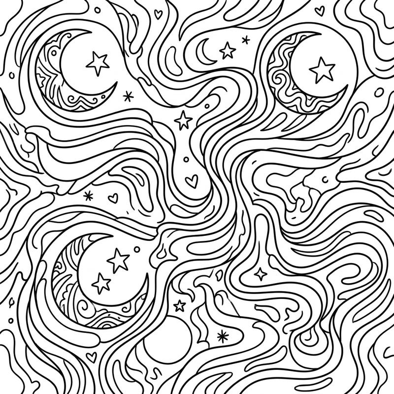 Unleash your inner artist with this mesmerizing psychedelic moon dust coloring page. Its intricate patterns of swirling lines, crescent moons, and stars invite you to explore a universe of color and creativity.