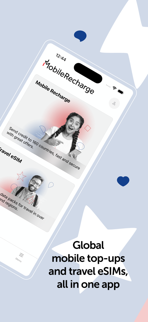 MobileRecharge: Top up mobiles - Interfaz de la aplicación MobileRecharge para recargas móviles internacionales y eSIMs de viaje