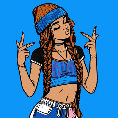 realistic teenage girl with braids and a beanie and crop top doing 🫶🏼