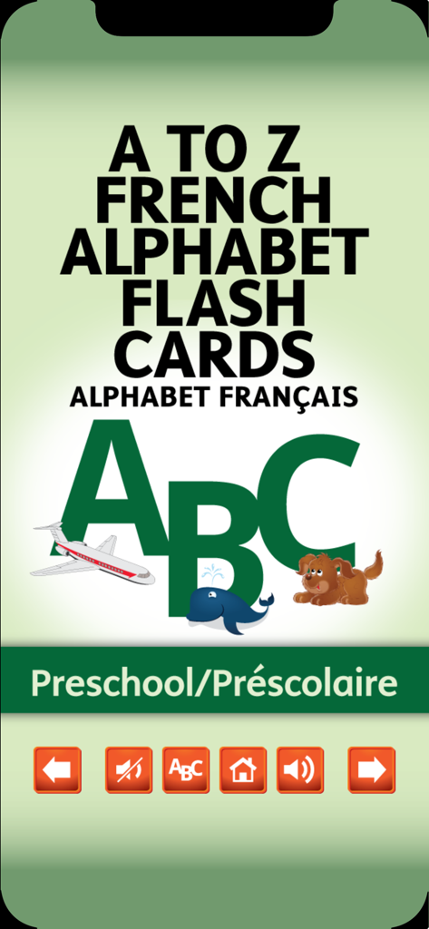 Schermata principale dell'app A To Z French Alphabet Flash Cards per bambini in età prescolare