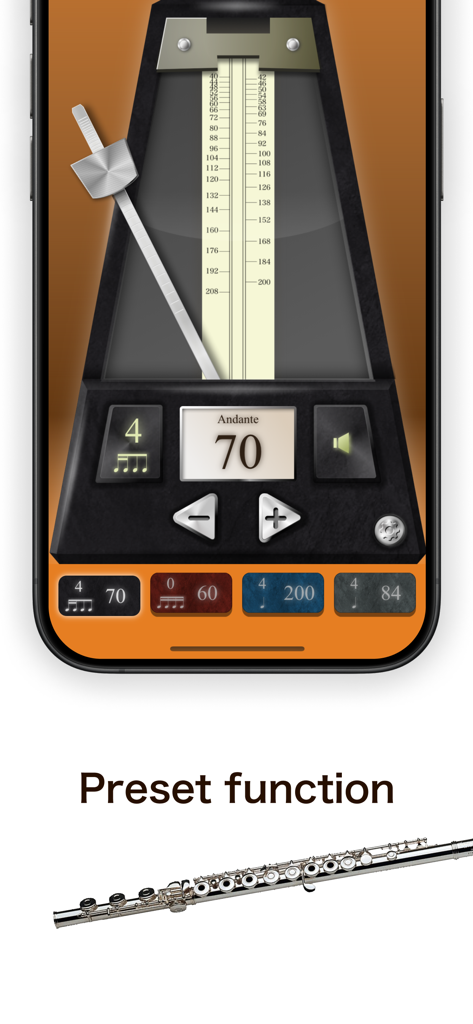 기계식 메트로놈 디자인과 사전 설정 템포 버튼을 보여주는 Piascore 메트로놈 앱 인터페이스