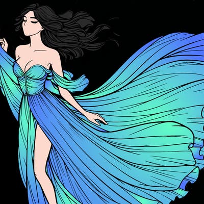 realistic woman in dress flowing the the wind