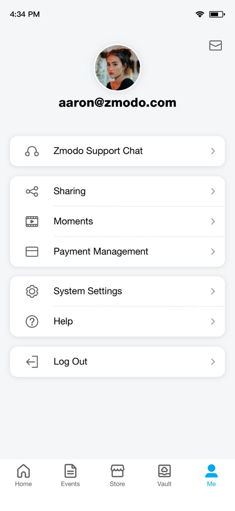 Écran des paramètres du compte utilisateur dans l'application domestique intelligente Zmodo