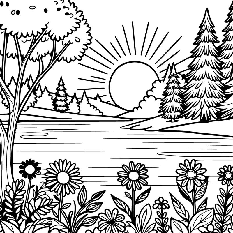 beautiful sun set over a lake with trees and flowers