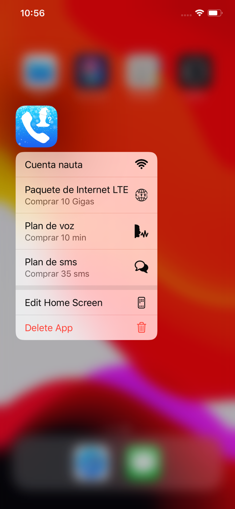 Menu de atalhos do ecrã principal do iPhone para a aplicação CallerID mostrando opções do Nauta e planos de internet