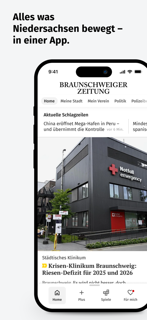 Oberfläche der Braunschweiger Zeitung News App auf dem iPhone mit lokalen Schlagzeilen aus Niedersachsen