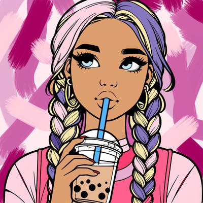 realistic girl with braided hair drinking boba