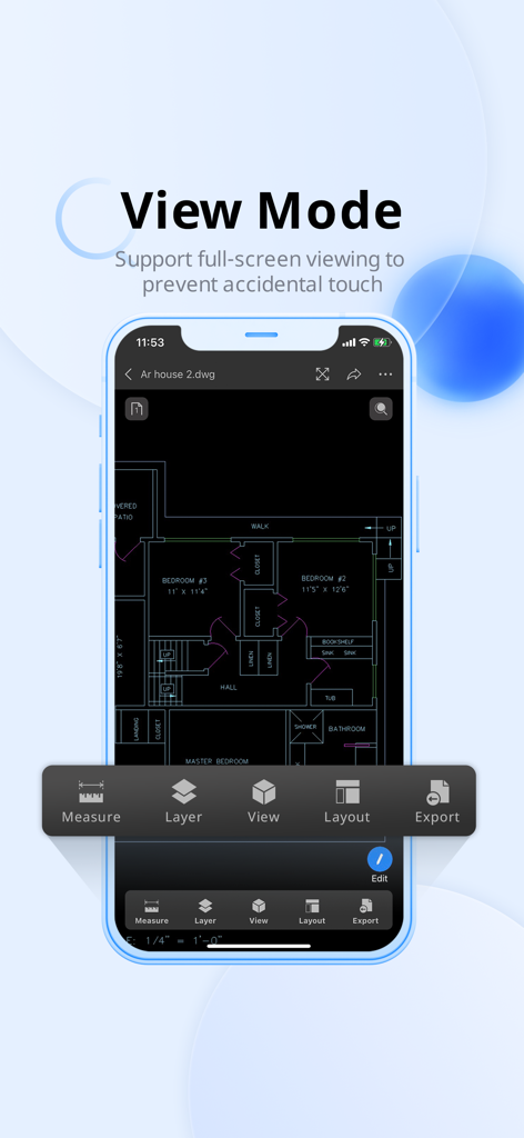 ZWCAD Mobile - Mobile CAD - ZWCAD Mobileアプリがスマートフォンのフルスクリーン表示モードで詳細な住宅の間取り図を表示しています
