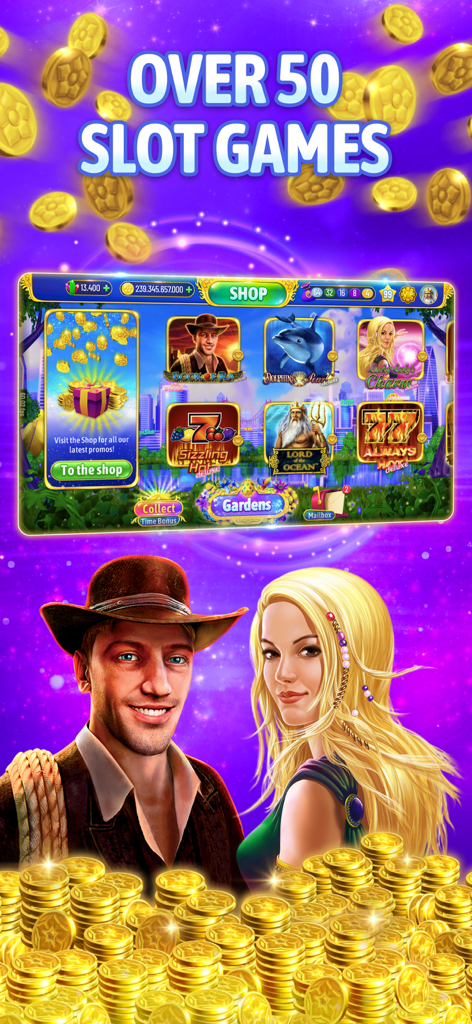 Bloom Boom Casino Online Slots - Vestíbulo de juegos de Bloom Boom Casino con varios títulos de tragamonedas y personajes con monedas de oro