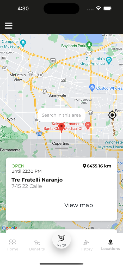 TrefraClub - Map view in the TrefraClub app showing the location and opening hours of a Tre Fratelli restaurant.