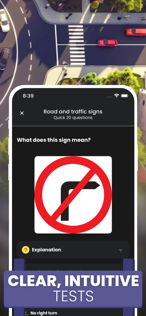 Learn UK Driving Theory Test - UK driving theory test app interface with a road sign quiz question
