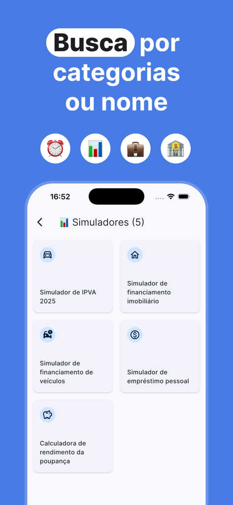 CalculaTudo: Juros, IPVA e + - 税金とローンのための金融シミュレーターのリストを表示するCalculaTudoアプリのインターフェース