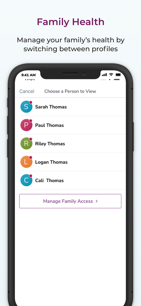 MyUPMC app screen showing a list of family member profiles for health management