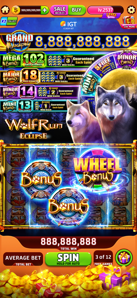 Jugabilidad de la máquina tragaperras Wolf Run Eclipse en la aplicación Jackpot Crush con imágenes de lobos y un gran bote.