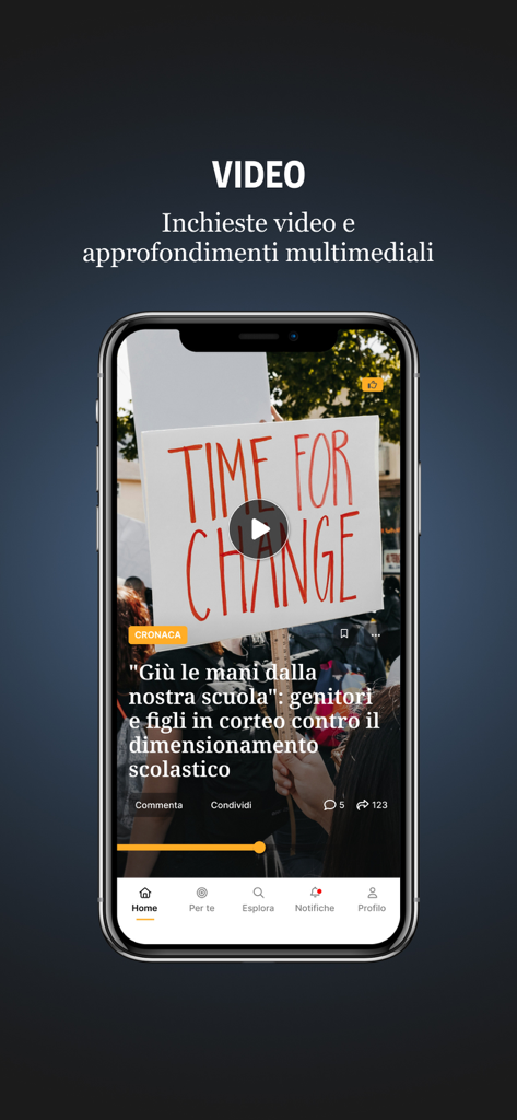 RavennaToday app interface showing a video news report about a local school protest