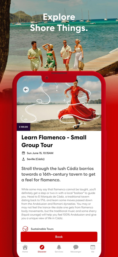 A smartphone showing the Virgin Voyages app interface for booking a Flamenco small group tour in Seville as part of their curated Shore Things experiences.