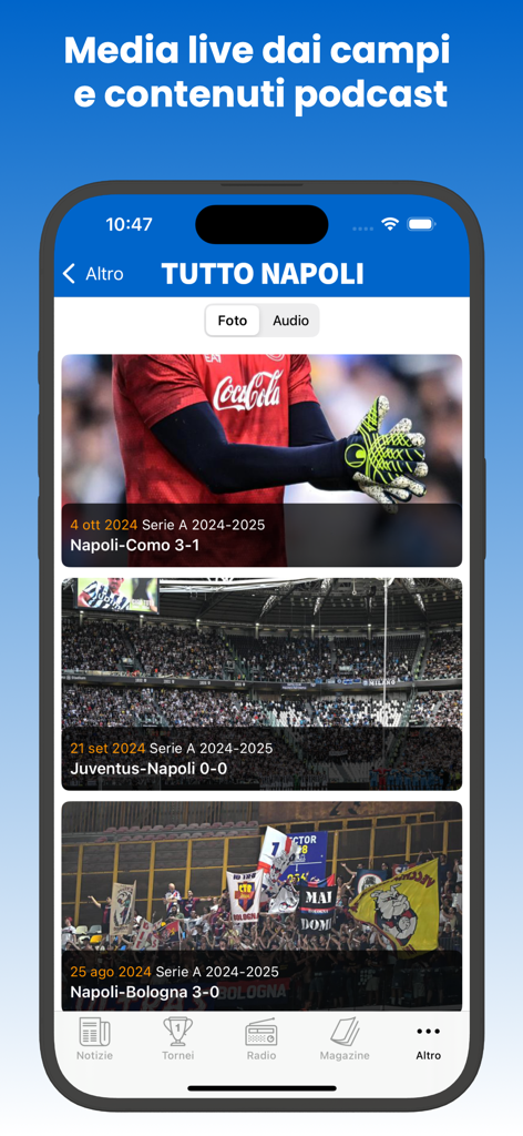 Tutto Napoli - Visão de galeria no aplicativo Tutto Napoli mostrando fotos e resultados de jogos de futebol recentes.