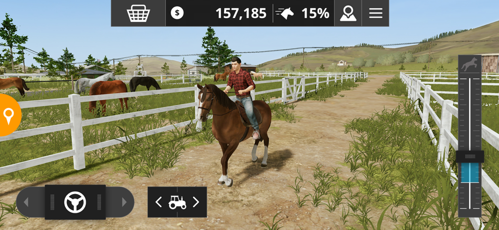 Farming Simulator 20 - A player character riding a brown horse along a farm path with other horses in the background.