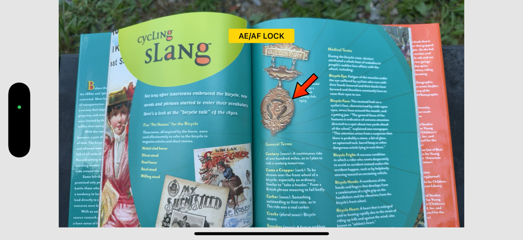 CameraVision - CameraVision app interface showing a book with focus and exposure lock enabled and a red pointer for presentations.