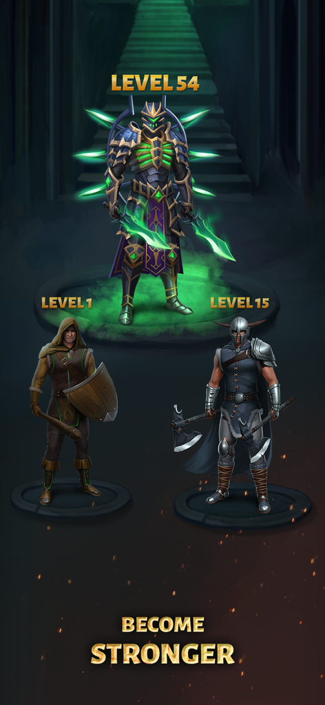 Age of Revenge: Card Based RPG - Three fantasy characters at different levels showing gear and power progression in Age of Revenge RPG