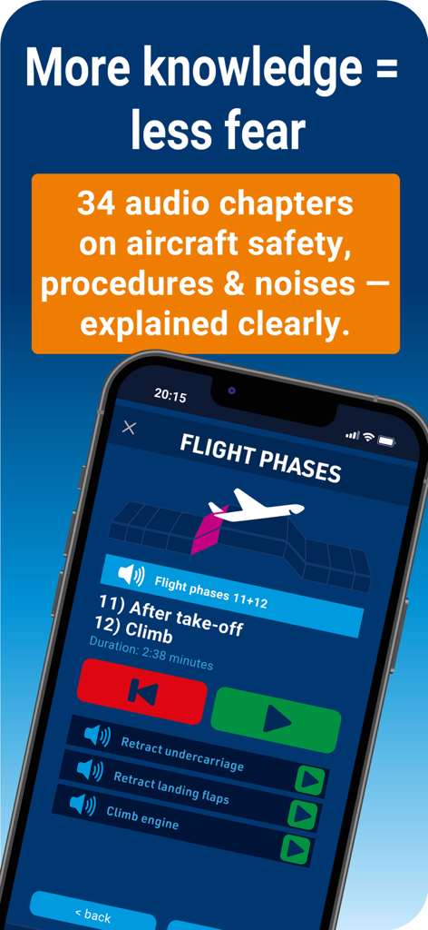 PassengerGuard: Fear of Flying - Pantalla de la aplicación PassengerGuard que muestra capítulos de audio sobre fases de vuelo y seguridad de aeronaves para reducir la ansiedad al volar