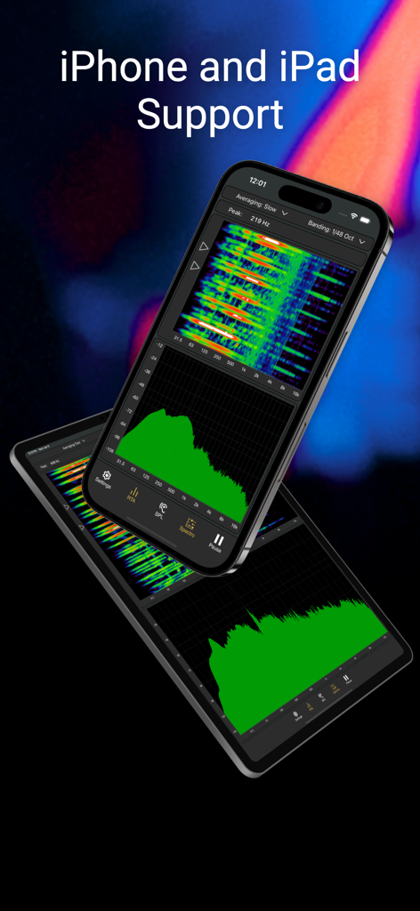 Smaart RTA - Smaart RTA professional audio analyzer interface displayed on an iPhone and iPad