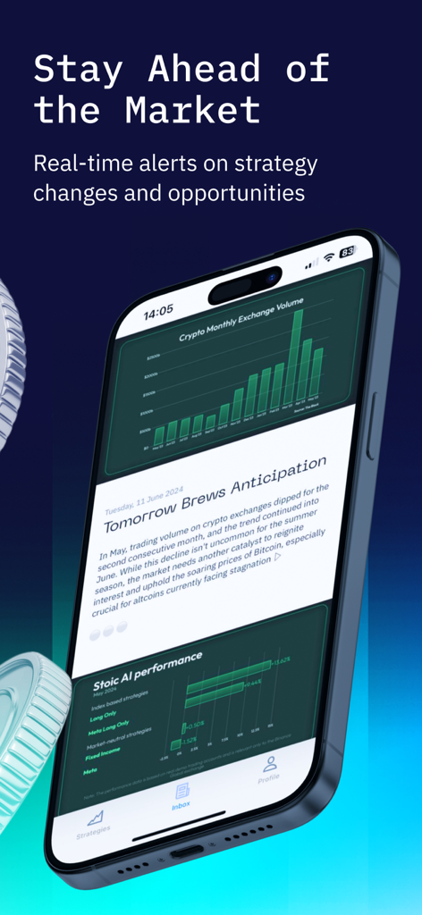 Stoic AI: Crypto Trading Bot - Stoic AI app interface showing crypto exchange volume trends and AI strategy performance data