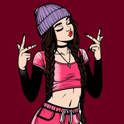 realistic teenage girl with braids and a beanie and crop top doing 🫶🏼