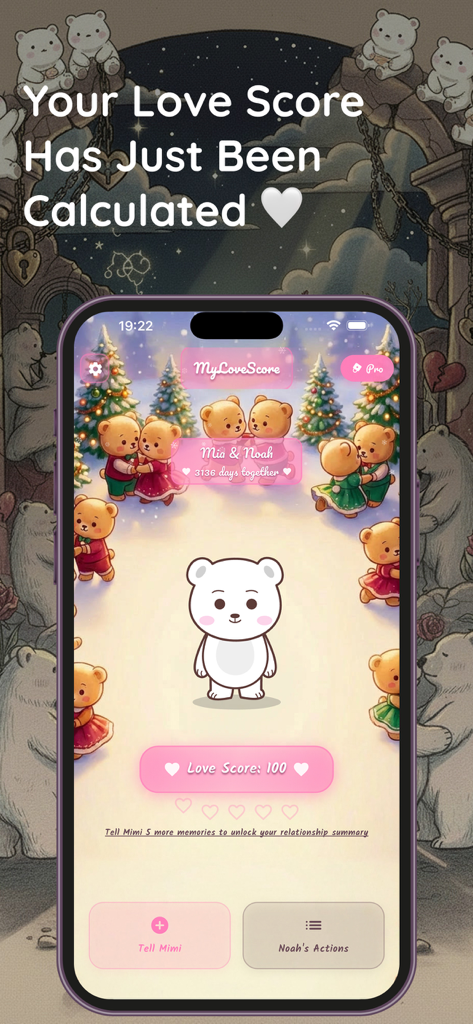 My Love Score: Love Tracker - My Love Score app interface showing a relationship score of 100 with cute cartoon bears in a festive winter scene