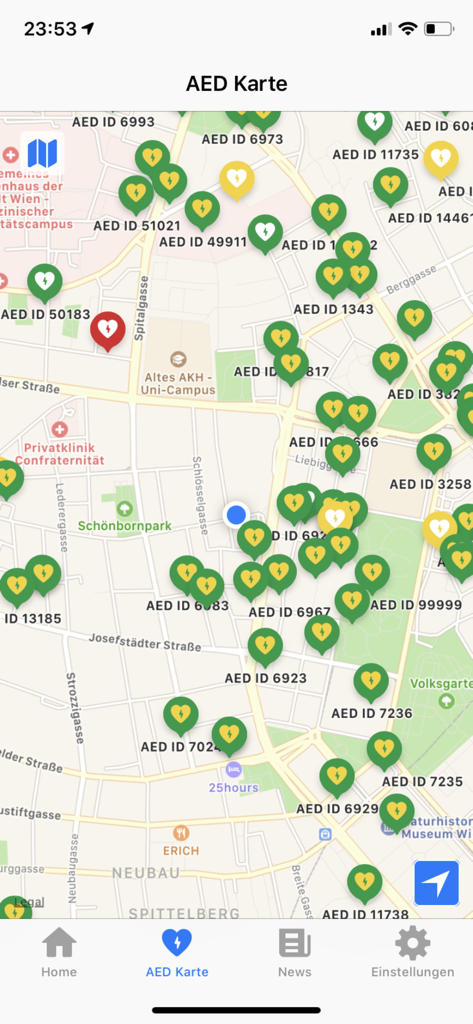 Teamösterreich LEBENSRETTER - A city map displaying numerous automated external defibrillator locations marked with heart icons