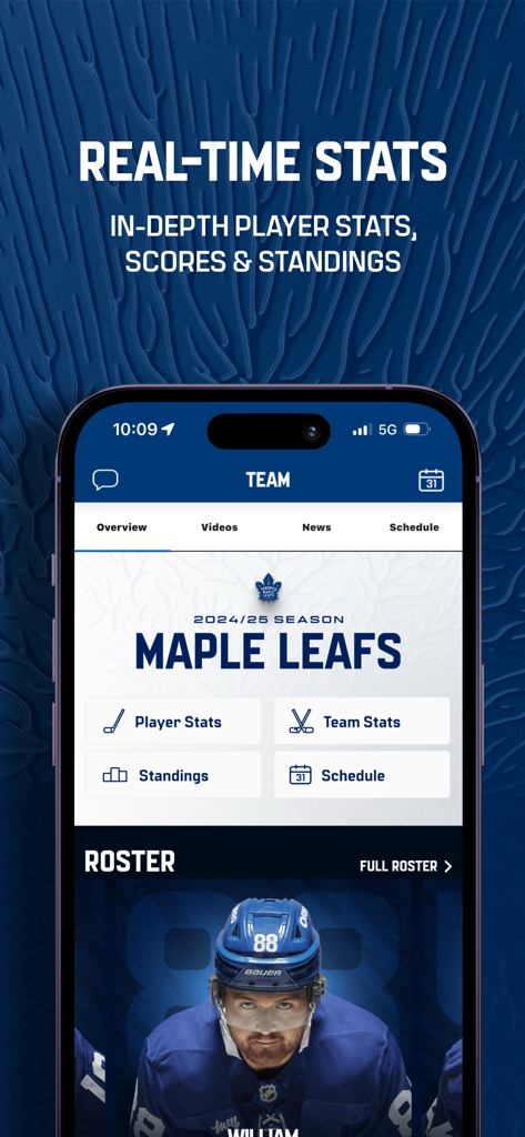 Real-time hockey stats and player roster on the Toronto Maple Leafs official app.