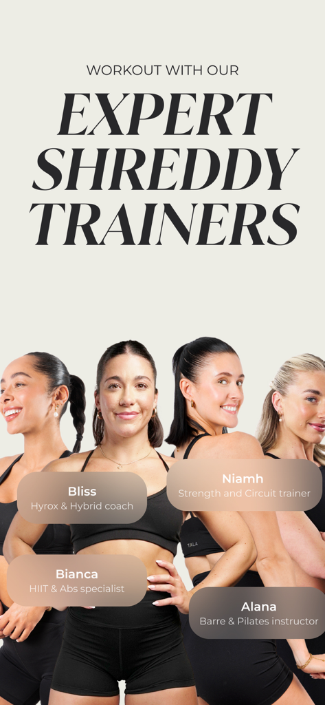 HIIT、ピラティス、筋力トレーニングを専門とするSHREDDYアプリの4人のプロの女性フィットネストレーナー