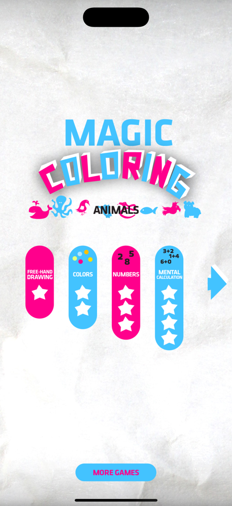 Magic Coloring - Menú principal de la aplicación Magic Coloring que muestra cuatro modos de juego educativos con temática de animales