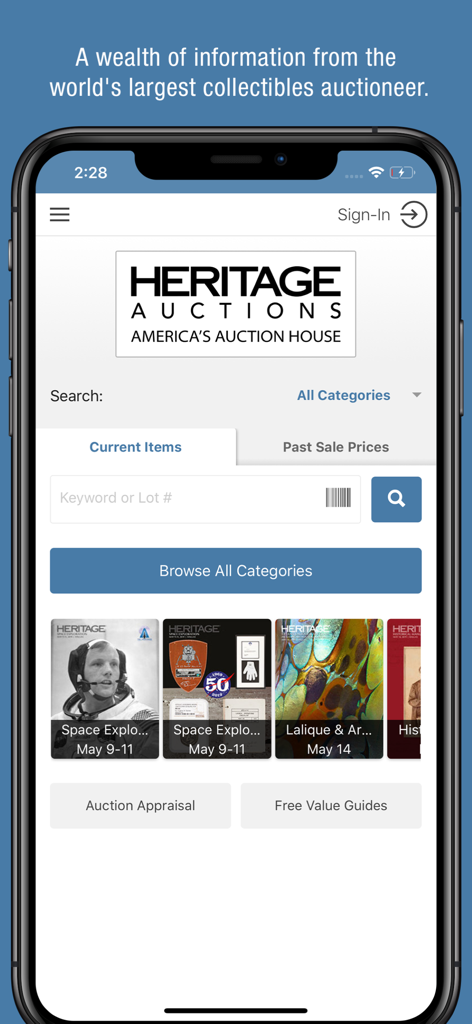 Heritage Auctions - Interfaz de la aplicación móvil Heritage Auctions mostrando categorías de subastas de coleccionables actuales y funciones de búsqueda
