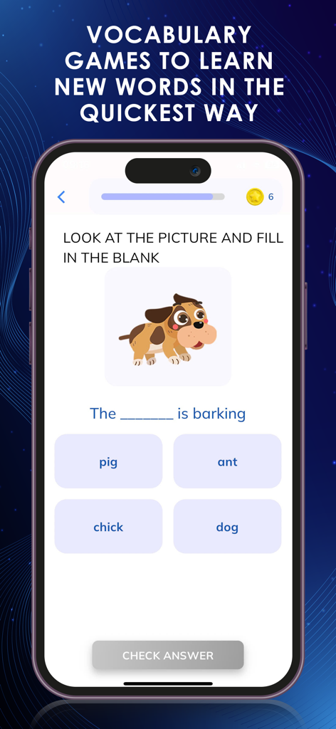 Persian Dictionary - ديكشنري - 犬の絵を使った穴埋め問題が特徴のペルシア語辞書アプリの語彙ゲーム画面